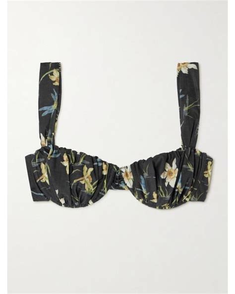 Faithfull The Brand Emily Floral Print Gathered Recycled Bikini Top In Black Lyst