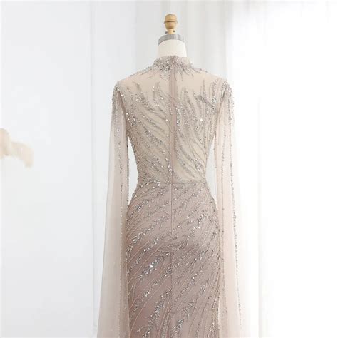 Luxury Beaded Mermaid Nude Pink Evening Dress With Cape Sleeve