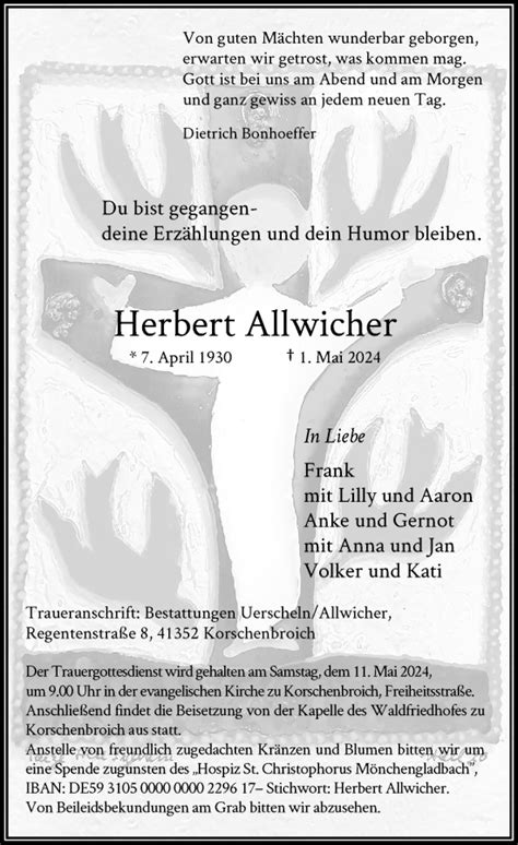 Alle Traueranzeigen für Herbert Allwicher trauer rp online de