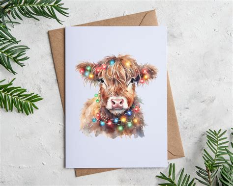 Cow Christmas Lights Highland Cow Christmas Card Christmas Highland Cow ...