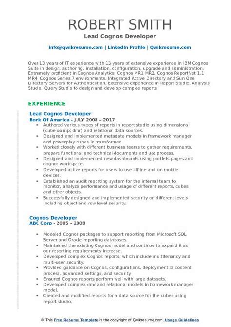 Cognos Developer Resume Samples Qwikresume