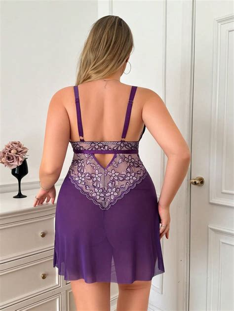 Plus Size Lace Contrast Mesh Lingerie Dress G String Pcs Set Sexy Intimate Shein Usa