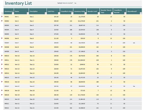 inventory list examples
