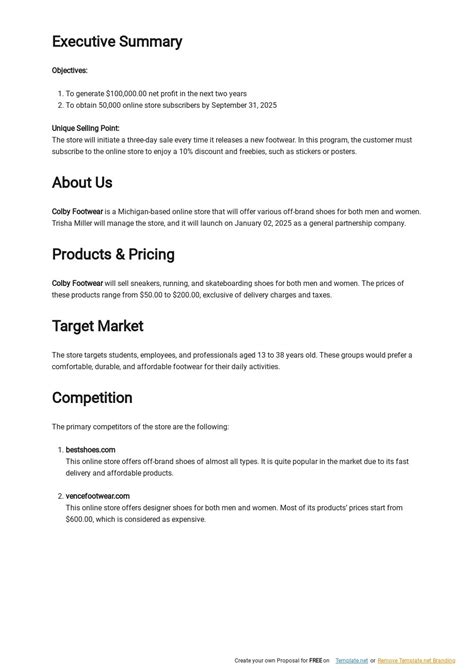 Online Shoe Store Business Plan Template Free Pdf