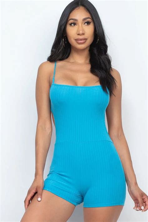 Womens Ribbed Sleeveless Back Cutout Bodycon Active Romper Jumpsuits