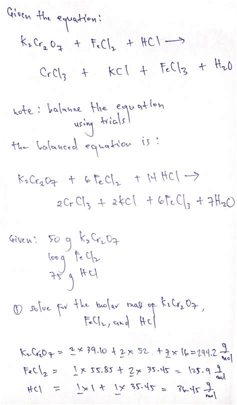 Solved Given The Equation K2Cr2O7 FeCl 2 HCl CrCl 3 KCl