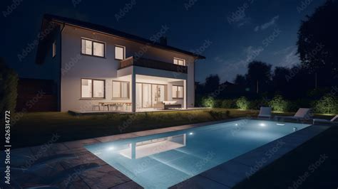 modern luxury house with a swimming pool at night, neural network ...