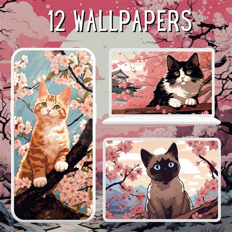 12 Cherry Blossom Cat Wallpaper Bundle Japanese Wallpaper - Etsy