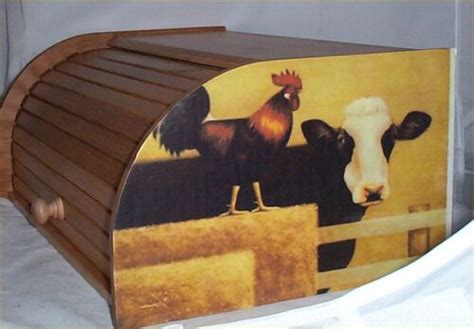 Cow Rooster Bread Box Bamboo Wood Country Farm Kitchen Roll Top Lodge