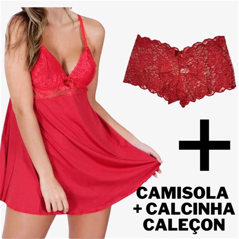 Kit Camisola Jessica Calcinha Caleçon De Renda Linha Noite Sensual