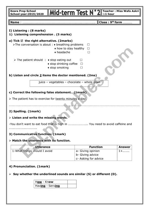 Mid Term 2 Test 9 Th Form Esl Worksheet By Myriam Said