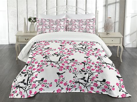 Ambesonne Cherry Blossom Quilted Bedspread Set 3 Pcs Sakura Tree Bird Queen Size Black Hot