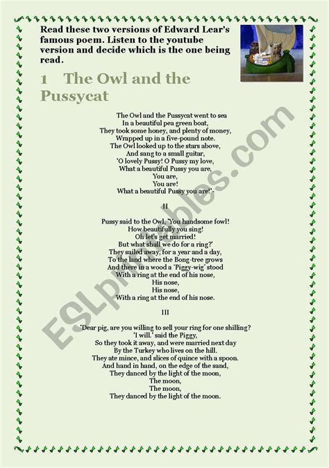 English Worksheets The Owl And The Pussy Cat