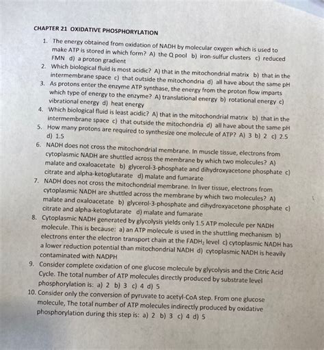 Solved CHAPTER 21 OXIDATIVE PHOSPHORYLATION 1. The energy | Chegg.com 