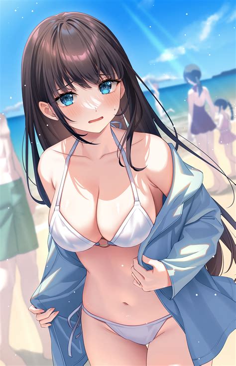 Fujitatoru Original Absurdres Commentary Request Highres Boy Girls Beach Bikini Black