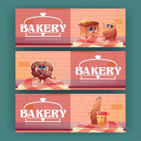 Cartoon Banners With Cute Bakery Characters Ads Stock Vector