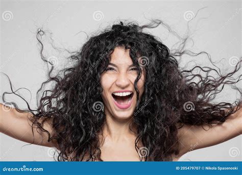 Beautiful Brunette Girl With Long Wet Hair Studio Portrait Very Happy Smiling Expression Stock