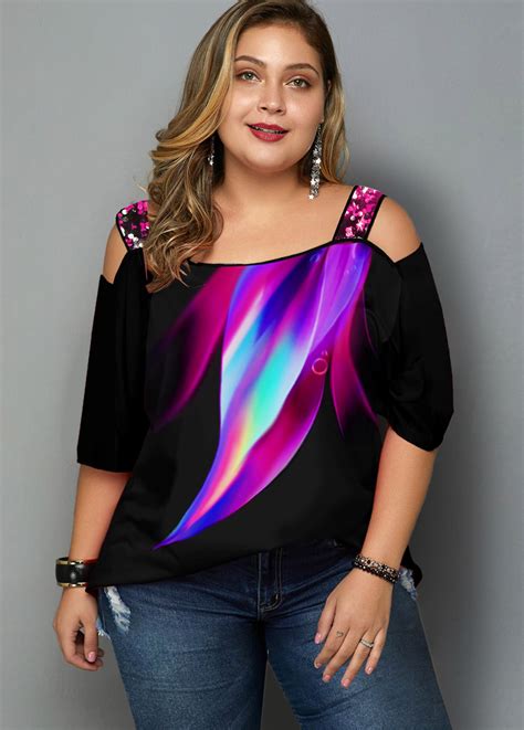 Rotita Plus Size Rainbow Print Cold Shoulder T Shirt Plus Size Tops