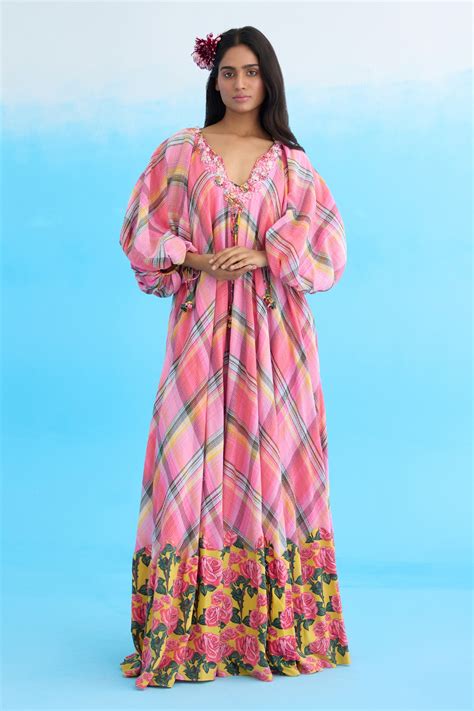 Buy Pink 100 Cotton Printed Ribbon V Neck Madras Checkered Maxi Dress For Women By Nikasha