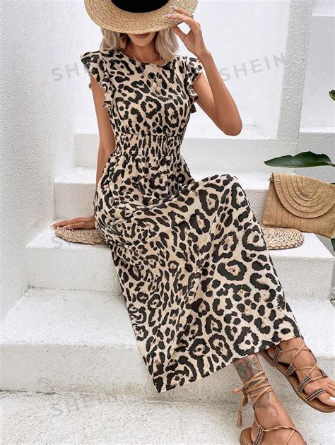 SHEIN Clasi Leopard Print Ruffle Trim Split Hem Dress SHEIN UK