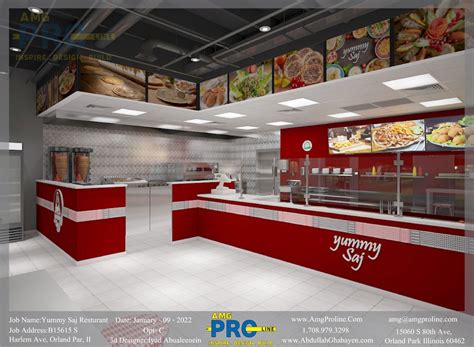 red walls  counters   fast food restaurant