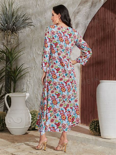 Shein Najma Elegant Floral Print Splice Lace Long Dress For Spring And