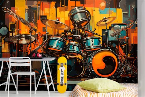 Vintage Peel And Stick Wallpaper Drums Wall Mural Music Theme