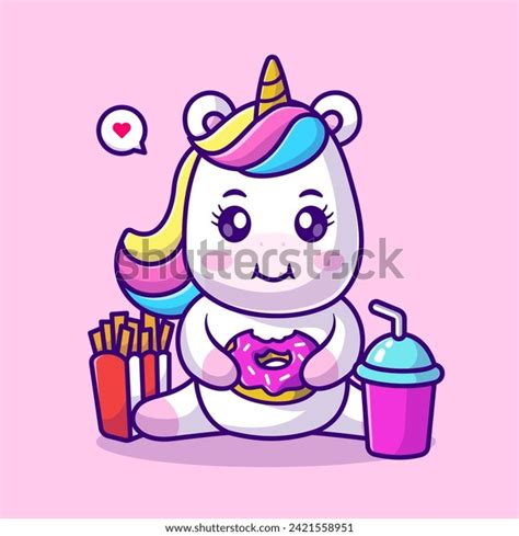 Cute Unicorn Eating Donut French Fries Stock Vector Royalty Free