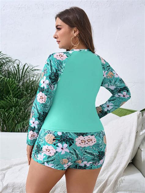 Shein Swim Curve Conjunto De Rashguard De Vacaciones De Verano De Talla Grande Con Estampado