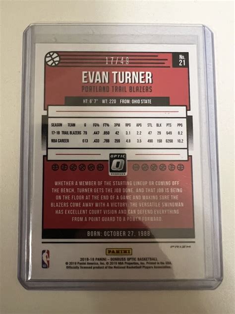 2018 19 Panini Donruss Optic Blue Prizm 21 Evan Turner 49 For Sale