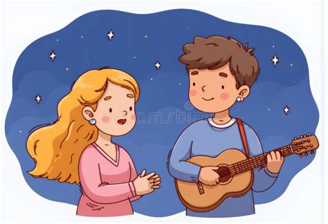 Charming Chibi Illustration Of Blonde Woman And Man With Guitar Under Starry Night Sky Korean
