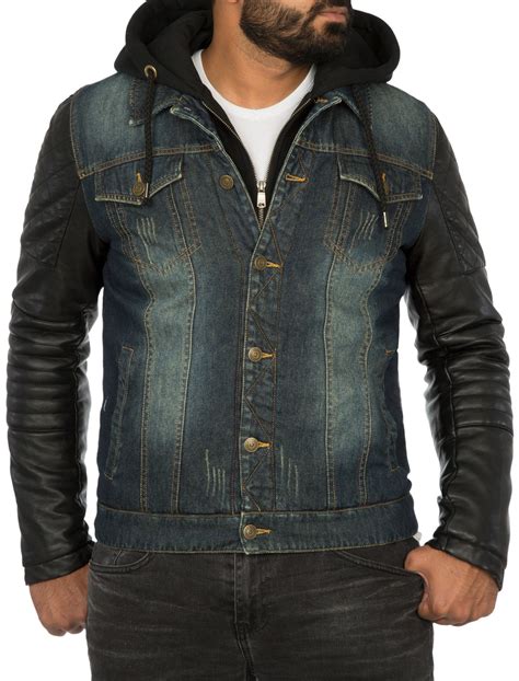 Men Stylish Distressed Denim Hoodie Jacket Faux Lea - FASH STOP