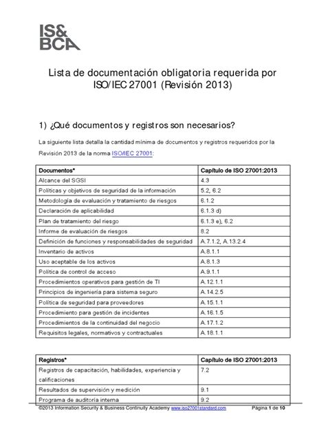 Checklist Of Mandatory Documentation Required By Iso 27001 2013 Es Pdf Organización