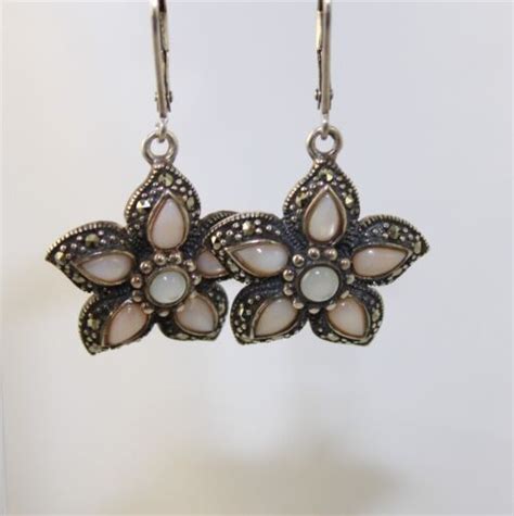 Sterling Silver Pink Mother Of Pearl Marcasite Star Shape Drop Dangle