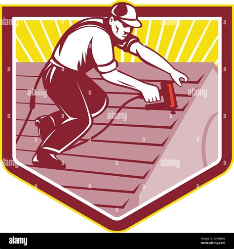 Illustration Of A Roofer Construction Worker Roofing Working On House