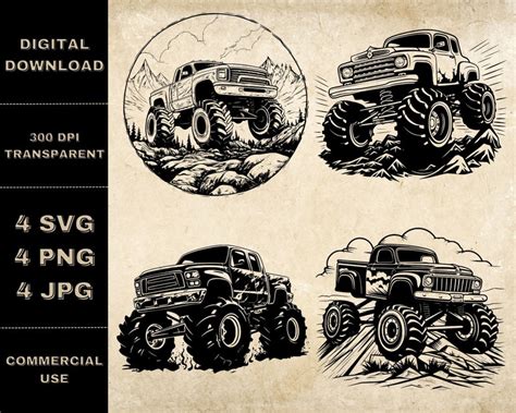 Monster Truck Svg Bundle Png Monster Truck Clipart Hand Drawn Off