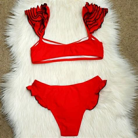 Swim New Sexy Red Ruffle Shoulders Bikini Set Swimsuit Poshmark