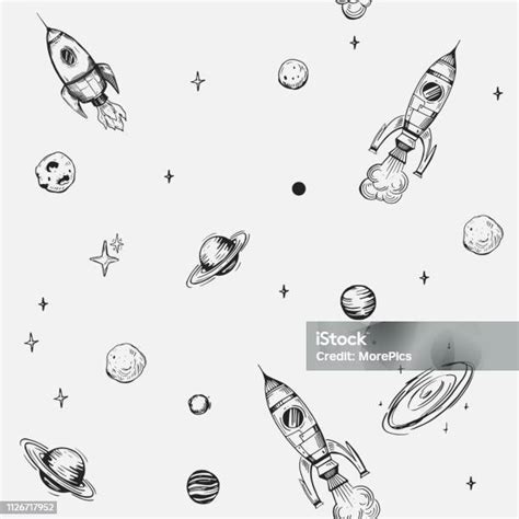 Space Seamless Pattern With Planets Stars Rockets Hand Drawn Sketch