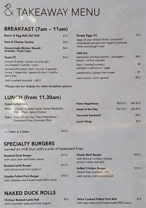 Menu At The Naked Duck Castlereagh Cafe Sydney Castlereagh St