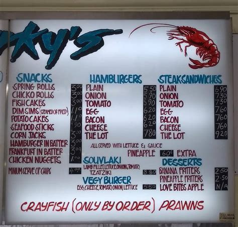 Menu at Sharky's fast food, Glen Iris