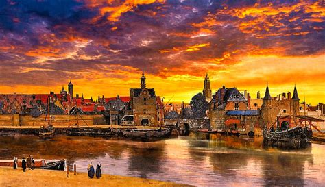 View of Delft by Johannes Vermeer, with a sunrise sky - cropped version ...