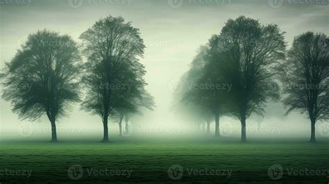 Dutch landscape with misty weather and trees on a green field 27104917 ...