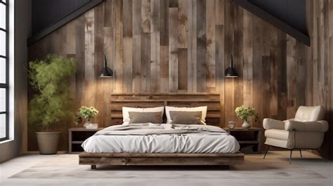 Premium AI Image | Modern bedroom with wooden bed against reclaimed ...