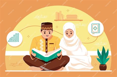 Premium Vector Cute Islamic Couple Reading A Quran Together