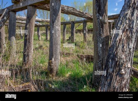 Rundown Medieval Wooden Building Remains In Sunny Ambiance At Early