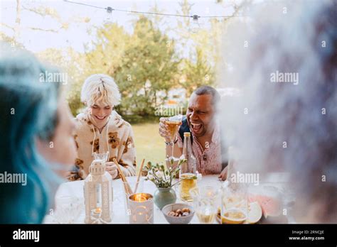 Happy Gay Friends Laughing While Having Drinks With Friends During Dinner Party In Back Yard