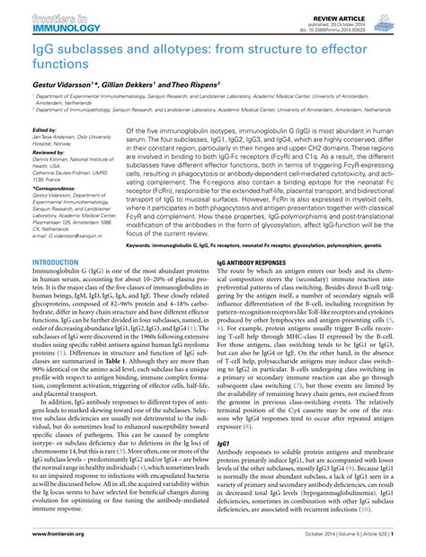 (PDF) IgG Subclasses and Allotypes: From Structure to Effector Functions