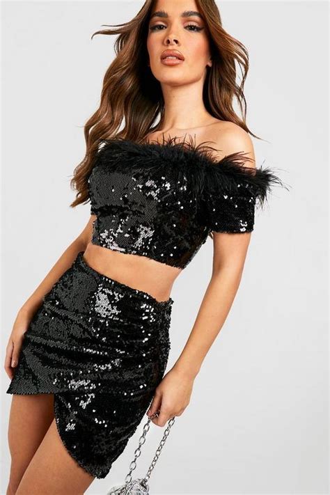 Iridescent Sequin Feather Trim Bardot Top Boohoo Uk