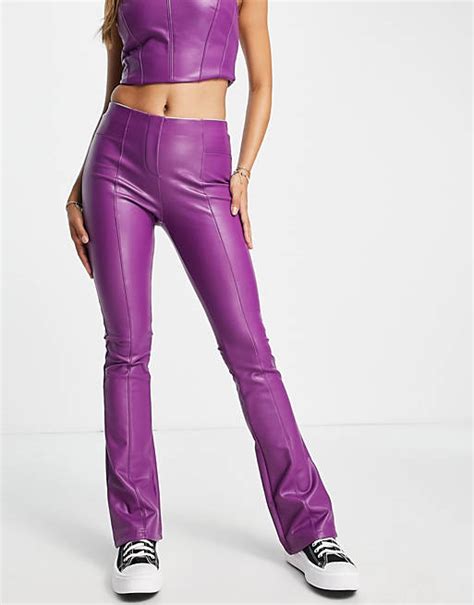 Miss Selfridge Faux Leather Kickflare Pants In Purple Asos