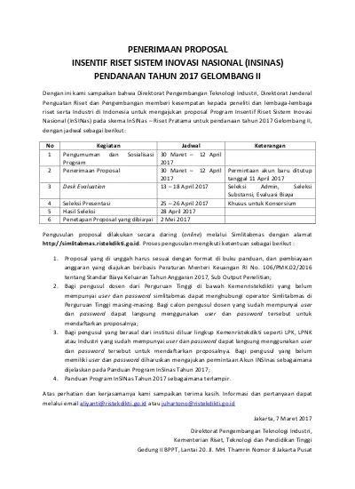 Penerimaan Proposal INSINAS Pendanaan Tahun 2017 Gelombang II